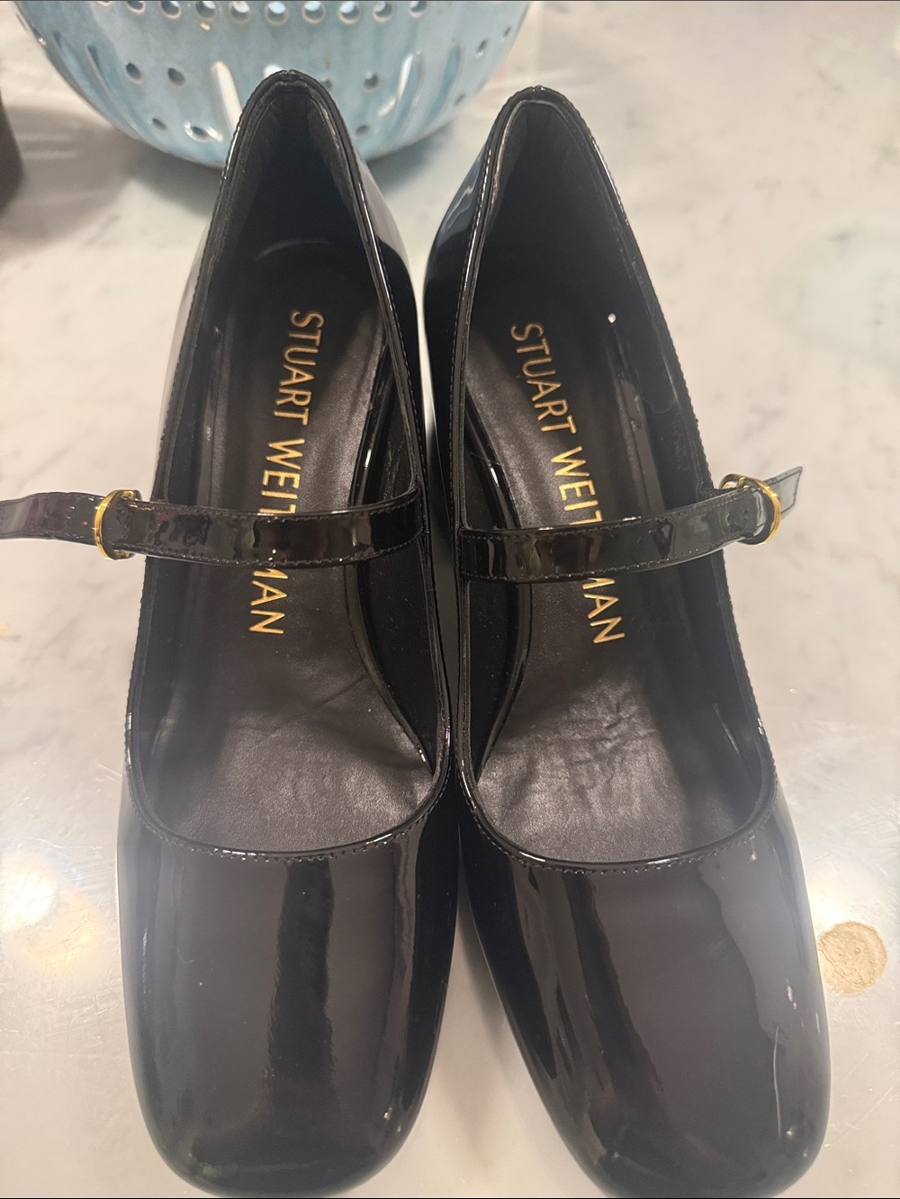 Stuart Weitzman Black Patent Mary Jane Heels with Gold Buckle
